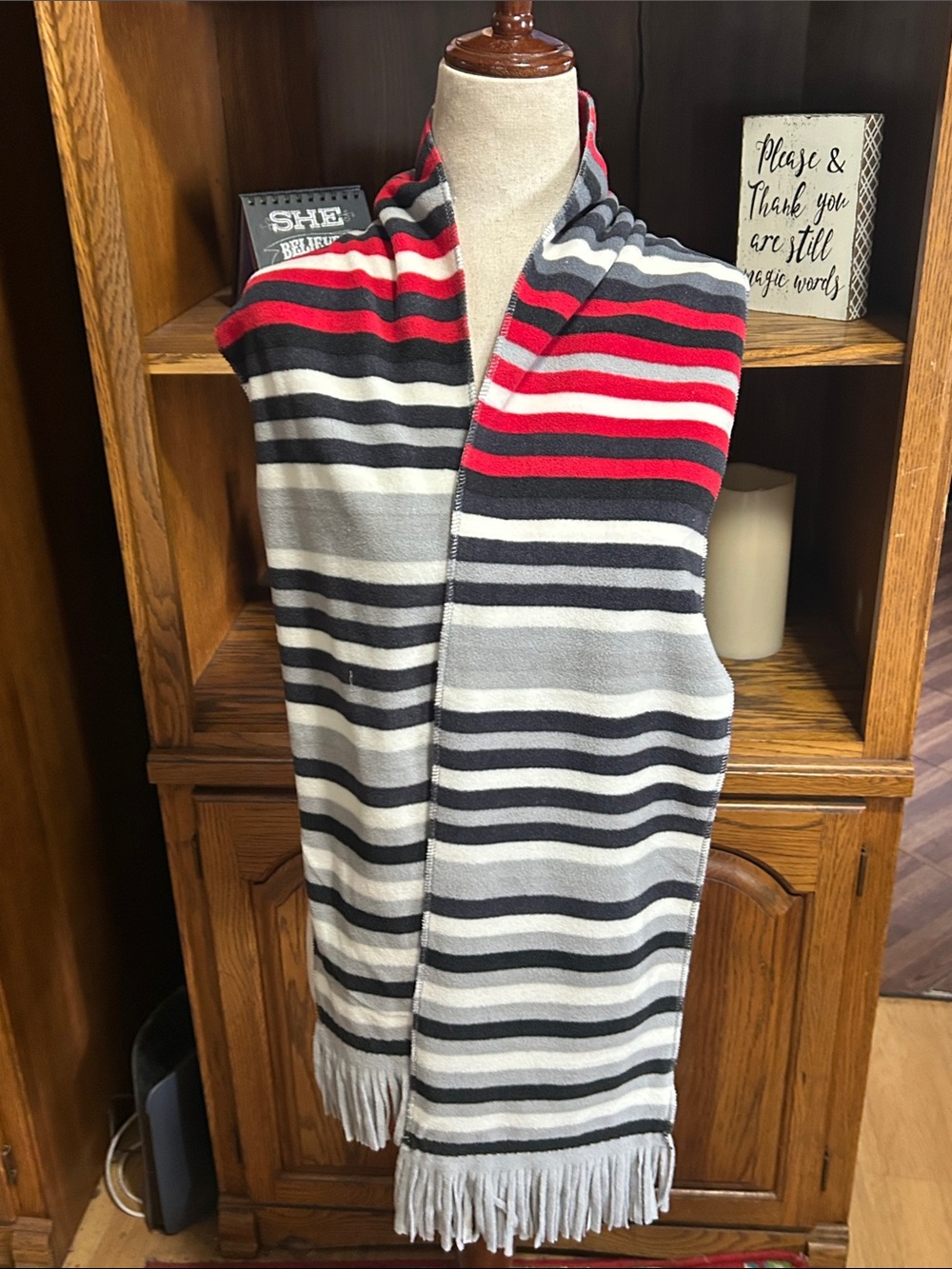 Striped Fringe Scarf in Red, Black & Gray One Size